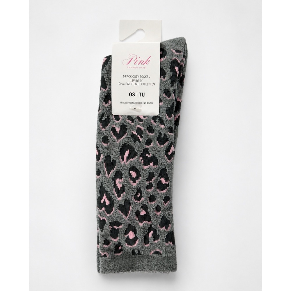 Victoria's Secret PINK Cozy Socks Gray Pink Leopard Print One Size New Tags